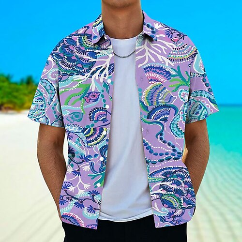 

Men's Shirt Summer Hawaiian Shirt Floral Graphic Prints Turndown Purple Green Street Casual Short Sleeves Button-Down Print Clothing Apparel Tropical Fashion Hawaiian Designer