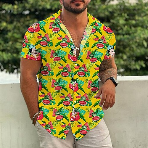 

Men's Shirt Summer Hawaiian Shirt Graphic Prints Watermelon Leaves Turndown Yellow Street Casual Short Sleeves Button-Down Print Clothing Apparel Tropical Fashion Hawaiian Designer