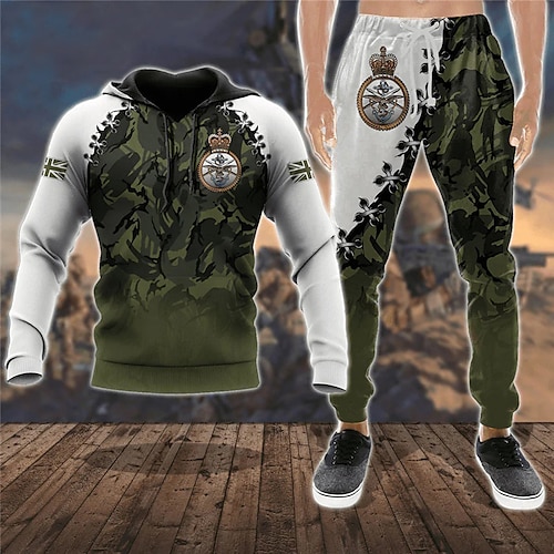 

Men's Tracksuit Hoodies Set Army Green Hooded Graphic Color Block 2 Piece Print Sports Outdoor Casual Sports 3D Print Basic Streetwear Designer Fall Spring Clothing Apparel Hoodies Sweatshirts