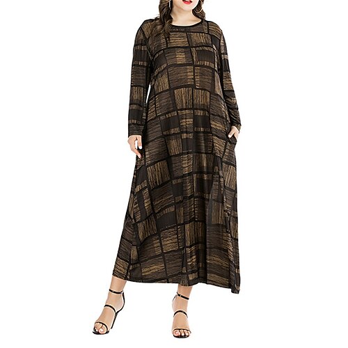 

Dame Plusstørrelser Hverdagskjole Swing Kjole Grafisk Lang kjole Maxikjole Langærmet Trykt mønster Rund hals Mode Ferierejse Brun Efterår Forår XL 3XL 4XL 5XL 6XL