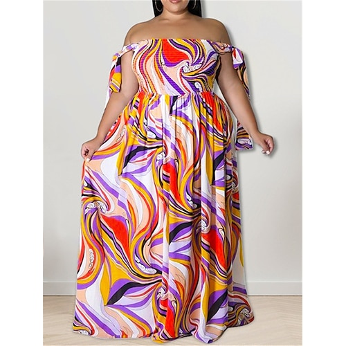 

Dame Plusstørrelser Swing Kjole Stroppekjole Geometrisk Lang kjole Maxikjole Uden ærmer Krøllede Folder Trykt mønster Firkantet hals Mode Ferierejse Gul Blå Forår Sommer XL 3XL 4XL 5XL
