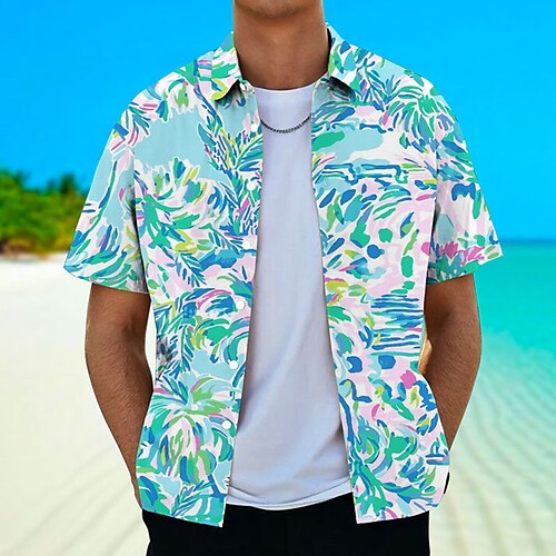 

Men's Shirt Summer Hawaiian Shirt Floral Graphic Prints Turndown Blue Purple Street Casual Short Sleeves Button-Down Print Clothing Apparel Tropical Fashion Hawaiian Designer