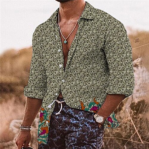 

Men's Shirt Floral Graphic Prints Turndown Olive Green Green Outdoor Street Long Sleeve Button-Down Print Clothing Apparel Tropical Sports Boho Streetwear