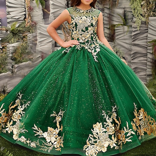 

Prinsesse Gulvlang Blomsterpigekjole Quinceanera Piger Sød gallakjole Satin med Applikeret broderi Glitrende Elegant Passer 3-16 år