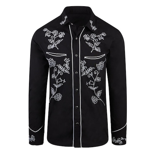 

Hombre Camisa camisa occidental Floral Estampados Cuello Vuelto Negro Exterior Calle Manga Larga Abotonar Estampado Ropa Moda Ropa de calle Design estilo occidental