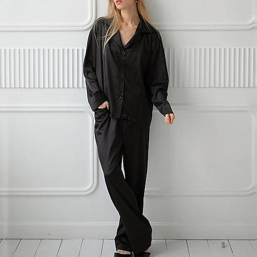 

Per donna loungewear Completi Colore puro Di tendenza Comoda Morbido Interni Strada Giornaliero Raso Traspirante Bavero Manica lunga Camicia Pantalone Pulsante Tasche Primavera Estate Nero