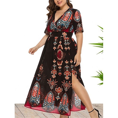 

abito casual da donna plus size abito boho abito lungo floreale grafico abito maxi mezza manica spacco stampa scollo a v moda quotidiano nero blu navy primavera autunno xl 3xl 4xl 5xl