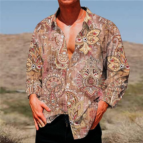 

Men's Shirt Floral Graphic Prints Turndown Yellow Blue Outdoor Street Long Sleeve Button-Down Print Clothing Apparel Tropical Sports Boho Streetwear