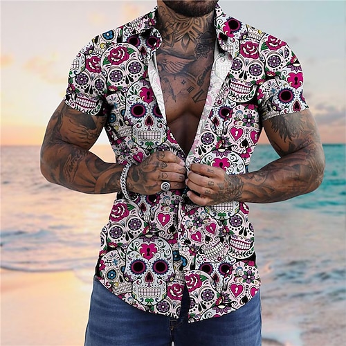 

Men's Shirt Summer Hawaiian Shirt Floral Skull Graphic Prints Turndown Red Blue Street Casual Short Sleeves Button-Down Print Clothing Apparel Tropical Fashion Hawaiian Designer