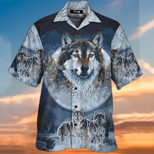 

Men's Shirt Summer Hawaiian Shirt Animal Wolf Graphic Prints Turndown Gray Casual Holiday Short Sleeve Button-Down Print Clothing Apparel Tropical Fashion Hawaiian Soft