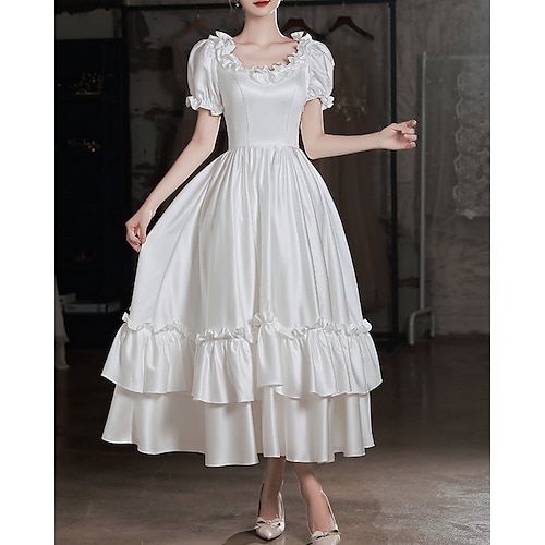 

Vintage Vestitini bianchi Abiti da sposa Lunghezza tè Linea-A Manica corta Piazza Raso Con Tinta unita 2023 Abiti da sposa