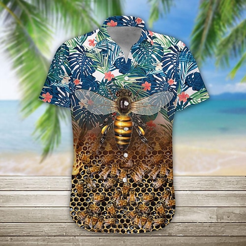 

Men's Shirt Summer Hawaiian Shirt Floral Bee Graphic Prints Turndown Blue Outdoor Casual Short Sleeves Button-Down Print Clothing Apparel Designer Casual Soft Breathable