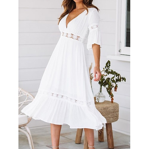 

Women's Casual Dress Swing Dress Summer Dress Plain Ruffle V Neck Midi Dress Basic Fashion Outdoor Daily Half Sleeve Loose Fit White Spring Summer S M L XL