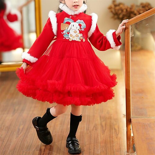 

Bambino (1-4 anni) Da ragazza Vestito da festa Coniglietto Al ginocchio Vestito Prestazioni Retato Girocollo Manica lunga Boho Vestito 3-7 anni Inverno Rosa Rosso