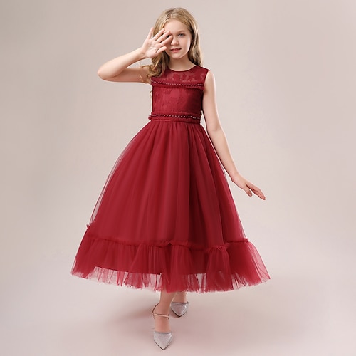 

Børn Pige Festkjole Helfarve Kjole Med Tyl Maxi Kjole Ydeevne Net Rund hals Uden ærmer Elegant Kjole 5-12 år Forår Hvid Champagne Lyserød