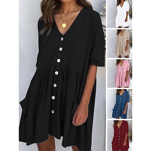 

Mini robe Femme Robe casual Manche Courte Eté Printemps - Mode basique Ruché Bouton Poche Couleur monochrome Col V Vacances Coton Ample 2023 Noir Blanche Rose Claire Kaki Bleu de minuit S M L XL XXL