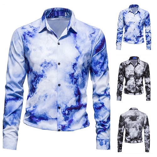 

Hombre Camisa Tie-dye Estampados Cuello Vuelto Negro Azul Piscina Exterior Calle Manga Larga Abotonar Estampado Ropa Moda Design Casual Suave