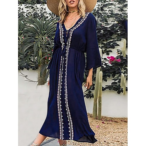 

abito maglione casual da donna abito maglione etnico abito maglione midi blu manica a 3/4 colore puro patchwork primavera estate scollo a V vacanza romantica vestibilità ampia 2023 taglia unica