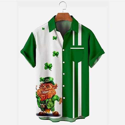 

St.Patrick's Day Men's Shirt Summer Hawaiian Shirt Cartoon Striped Saint Patrick Day St. Patrick's Day Clover Turndown Black White Yellow Wine Army Green Outdoor Street Short Sleeves Button-Down