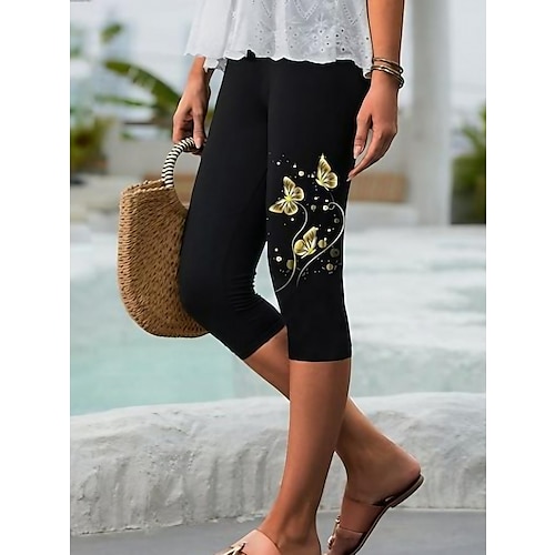 

Women's Leggings Capri shorts Floral Graphic Butterfly Print Calf-Length Micro-elastic Fashion coastalgrandmastyle Casual Daily Black Red S M