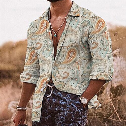 

Men's Shirt Floral Graphic Prints Turndown Yellow Blue Outdoor Street Long Sleeve Button-Down Print Clothing Apparel Tropical Sports Boho Streetwear