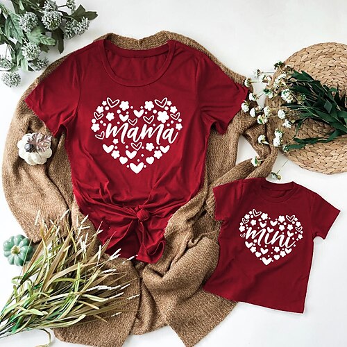 

Mamma e io San Valentino maglietta Floreale Con cuori Alfabetico Informale Girocollo Rosso Manica corta stile sveglio Abiti coordinati