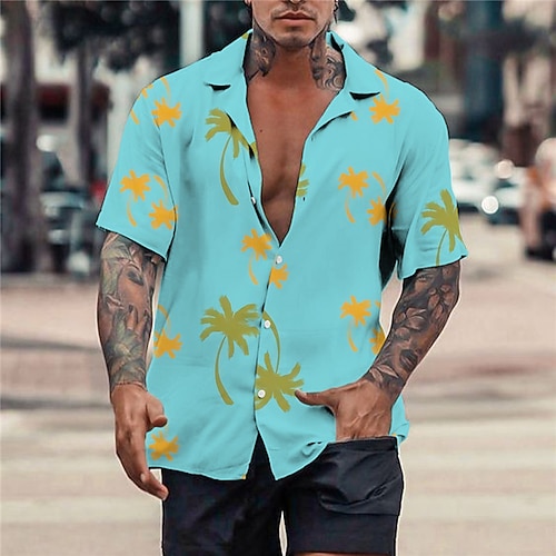 

Men's Shirt Summer Hawaiian Shirt Coconut Tree Graphic Prints Turndown Wine Blue Casual Holiday Short Sleeve Button-Down Print Clothing Apparel Tropical Fashion Hawaiian Soft