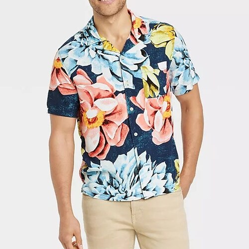 

Men's Shirt Summer Hawaiian Shirt Floral Graphic Prints Turndown Blue Casual Holiday Short Sleeve Button-Down Print Clothing Apparel Tropical Fashion Hawaiian Soft