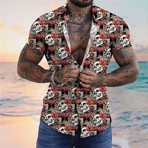 

Men's Shirt Summer Hawaiian Shirt Skull Heart Graphic Prints Turndown Black Pink Street Casual Short Sleeves Button-Down Print Clothing Apparel Tropical Fashion Hawaiian Designer