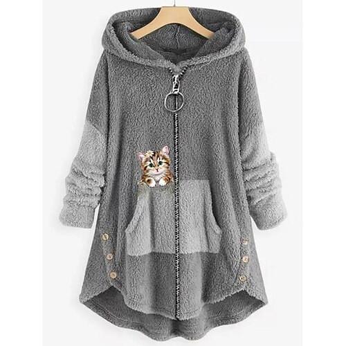 

Inspired by Animal Cat Sweatshirt Zip-Up Hoodie Cat Ear Fleece Hoodie Anime Pront Pocket Teddy Plain Button Hoodie For Women's Adults' Hot Stamping Flannel Casual Daily