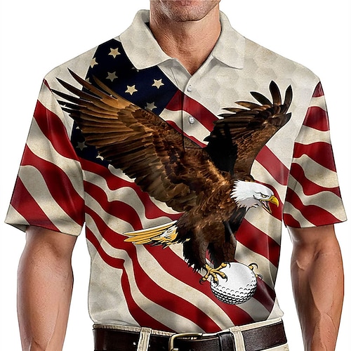 

Herre POLO Trøje Golftrøje Grafiske tryk Ørn Amerikansk flag Aftæpning Beige udendørs Gade Kort Ærme Knap ned Trykt mønster Tøj Mode Designer Afslappet Blødt