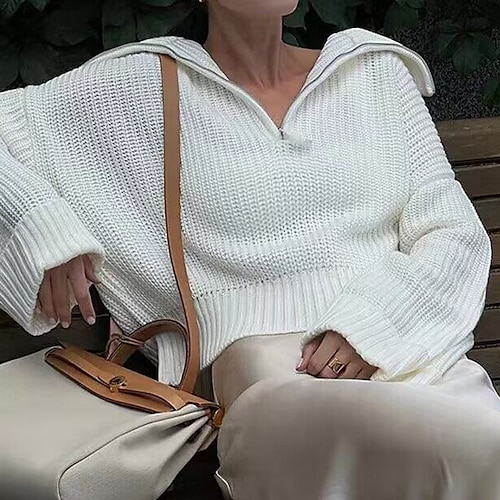 

Women's Pullover Sweater Jumper Jumper Ribbed Knit Zipper Solid Color Shirt Collar Stylish Casual Daily Going out Fall Spring White Dusty Rose S M L