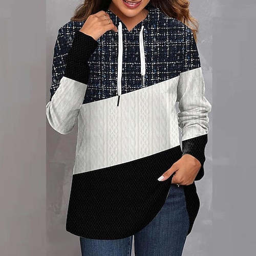 

Women's Shirt Blouse Blue Brown Green Color Block Print Long Sleeve Casual Basic Hooded Regular S