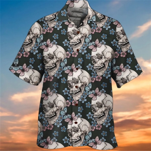 

Men's Shirt Summer Hawaiian Shirt Floral Skull Graphic Prints Turndown Black Casual Holiday Short Sleeve Button-Down Print Clothing Apparel Tropical Fashion Hawaiian Soft