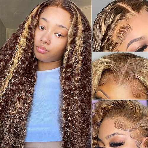 

highlight krøllet blonde front paryk menneskehår 13x4 ombre krøllet blonde front paryk menneskehår fri del præ plukket med babyhår ombre blond paryk 4/27 krøllet brun highlights parykker 150% tæthed