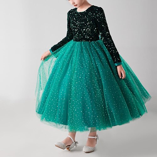 

Bambino Da ragazza Vestito da festa Tinta unica Abito in tulle Maxi Vestito Prestazioni Con lustrini Girocollo Manica lunga Elegante Vestito 4-13 anni Inverno Rosso Verde