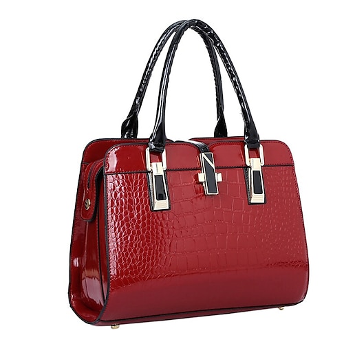 Women's Handbag Satchel Top Handle Bag Patent Leather PU Leather Office Office & Career Solid Color Crocodile Wine Black Blue