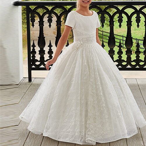 

Prinsesse Gulvlengde Blomsterpikekjole Konfirmasjon Jenter Søt ballkjole Sateng med Appliqué Åpen rygg Elegant Passer 3-16 år