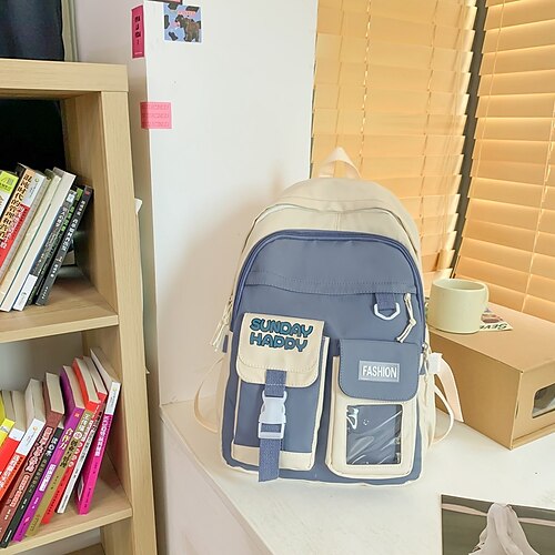 

Dame rygsæk Skoletaske Skole Farveblok Nylon PVC Stor kapacitet Holdbar Knapper Sort Lyserød Blå