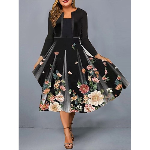 

Per donna Plus Size Abito da lavoro Vestito svasato Abito linea A Floreale Vestito longuette Manica lunga falso in due pezzi Stampa Girocollo Di tendenza Ufficio Nero Autunno Primavera L XL XXL 3XL