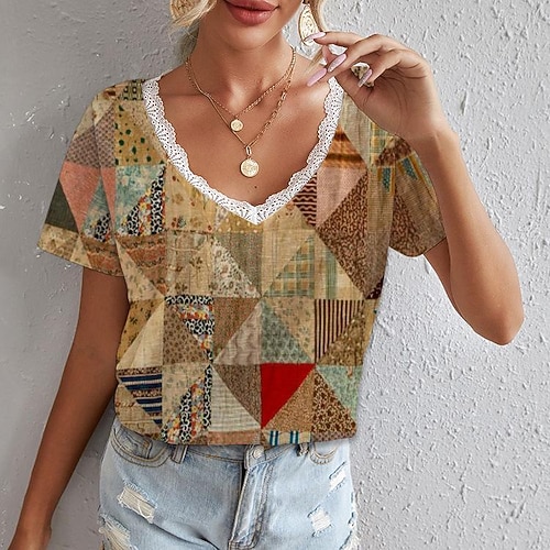 

Women's T shirt Tee Yellow Light Green Navy Blue Geometric Lace Trims Print Short Sleeve Daily Weekend Basic V Neck Regular Geometric Painting S