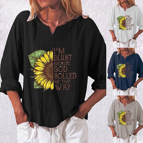 

Women's T shirt Tee Black White Blue Sunflower Text Print Long Sleeve Holiday Weekend Basic V Neck Regular Floral Painting S