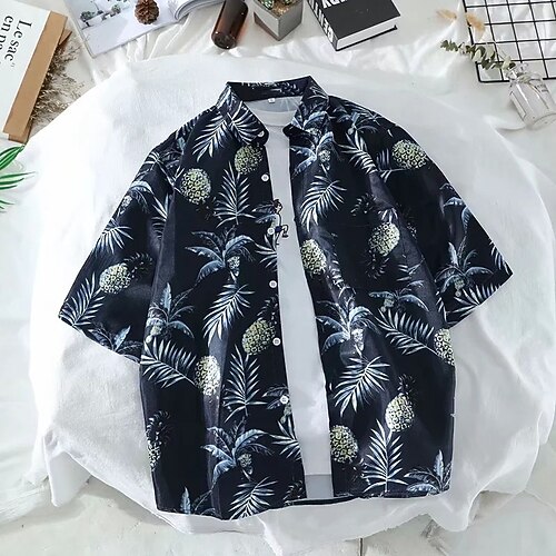 

Men's Shirt Summer Hawaiian Shirt Pineapple Coconut Tree Graphic Prints Turndown Blue Outdoor Street Short Sleeves Button-Down Print Clothing Apparel Tropical Fashion Hawaiian Designer