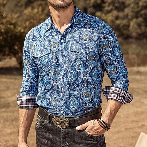 

Men's Shirt Summer Hawaiian Shirt Floral Tribal Graphic Prints Turndown Yellow Red Blue Dark Green Green Outdoor Casual Long Sleeve Button-Down Print Clothing Apparel Sports Fashion Streetwear