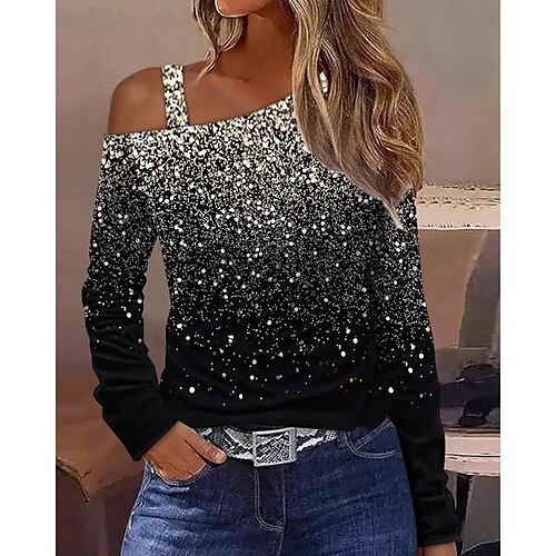 

Women's Shirt Blouse Black Graphic Off Shoulder Print Long Sleeve Casual Basic Off Shoulder Regular S