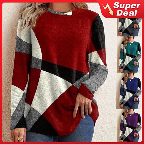 

Women's T shirt Tee Color Block Long Geometic Basic Round Neck Standard Winter Green Blue Purple Red Grey