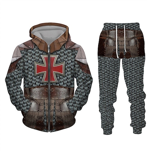 

Men's Tracksuit Hoodies Set Full Zip Hoodie Blue Dark Green Green Coffee Hooded Graphic Templar Cross Zipper 2 Piece Sports Outdoor Casual Sports 3D Print Basic Streetwear Designer Fall Spring