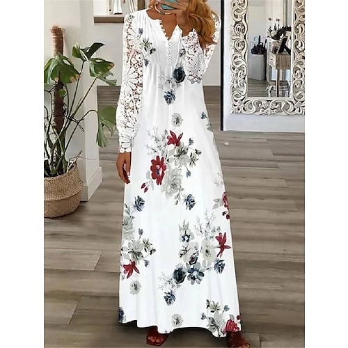 Women's Floral Lace Pleated Dresses Long Dress Maxi Dress A Line Dress Print Dress Fashion Casual Outdoor Daily Button Long Sleeve V Neck Dress Regular Fit White Pink Red Spring Summer S M L XL, lightinthebox  - buy with discount