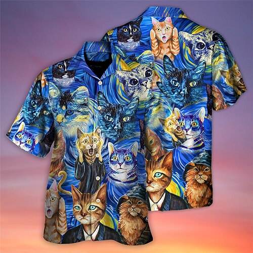 

Men's Shirt Summer Hawaiian Shirt Animal Cat Graphic Prints Turndown Blue Casual Holiday Short Sleeve Button-Down Print Clothing Apparel Tropical Fashion Hawaiian Soft