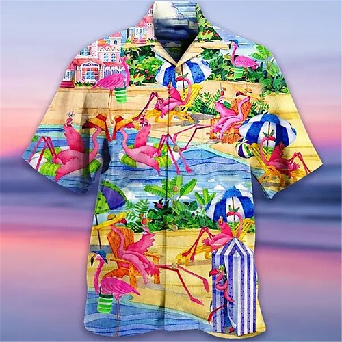 

Men's Shirt Summer Hawaiian Shirt Flamingo Graphic Prints Leaves Turndown Blue Green Casual Holiday Short Sleeve Button-Down Print Clothing Apparel Tropical Fashion Hawaiian Soft